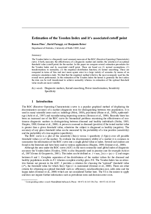 (PDF) Estimation of the Youden Index and its Associated Cutoff Point