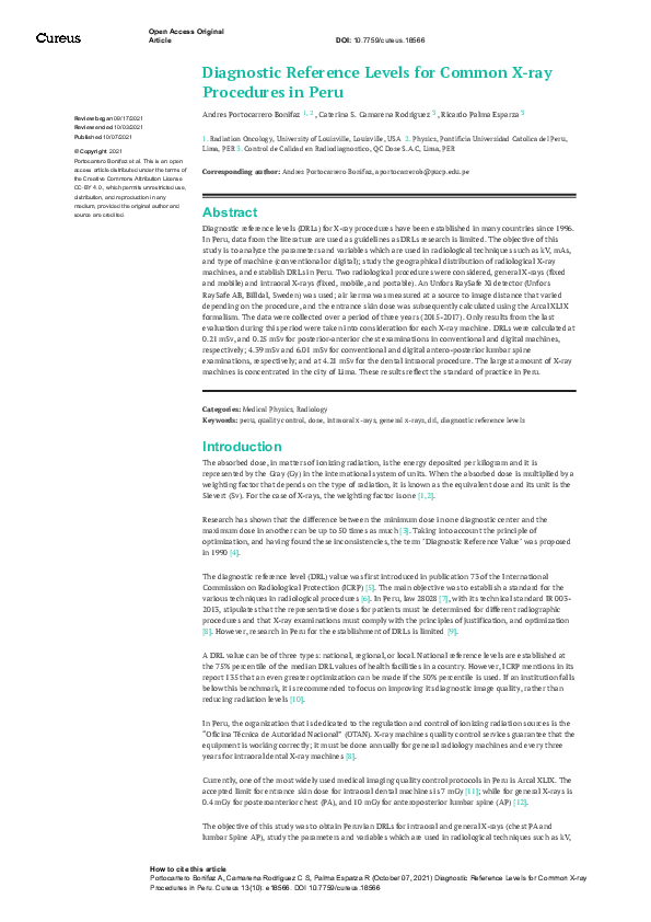 (PDF) Diagnostic Reference Levels for Common X-ray Procedures in Peru