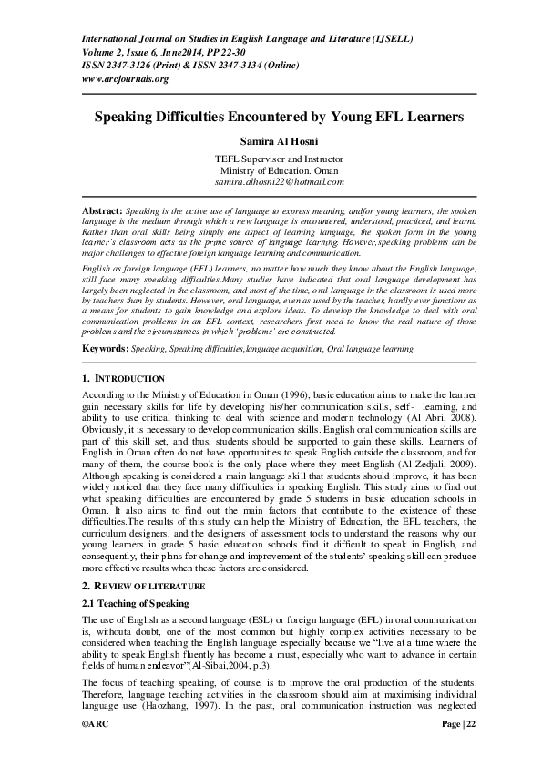 (PDF) ©ARC Page | 22 Speaking Difficulties Encountered by Young EFL ...