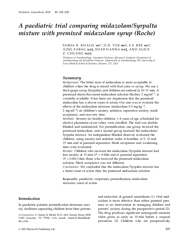 (PDF) A paediatric trial comparing midazolam/Syrpalta mixture with premixed midazolam syrup