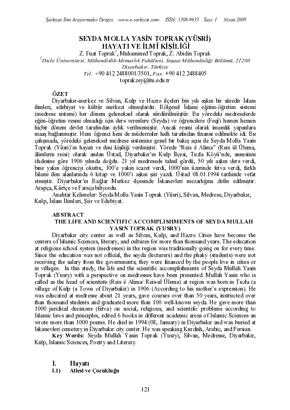 (PDF) Seyda Molla Yasin Toprak (Yüsri) Hayatı ve İlmî Kişiliği