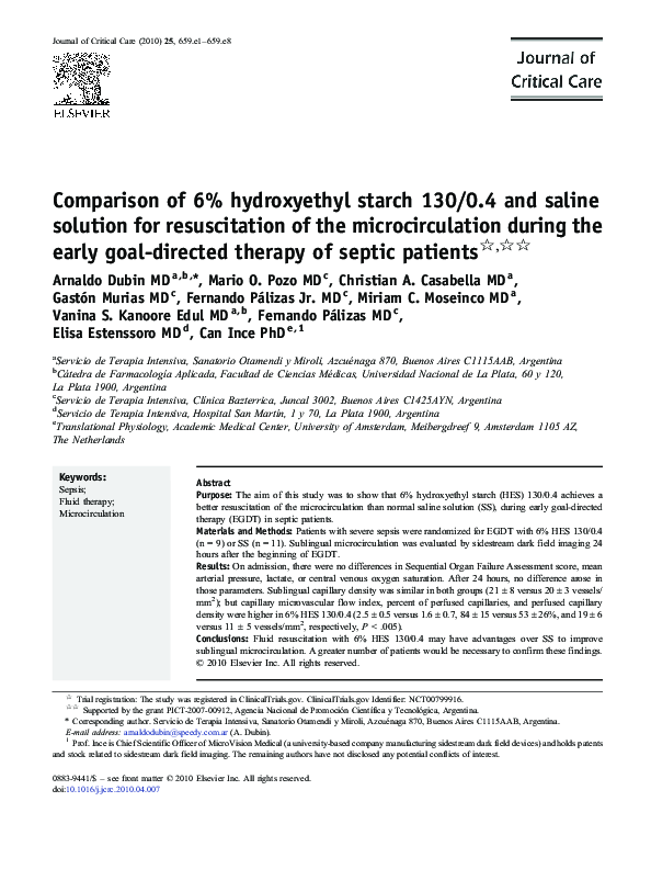 (PDF) Comparison of 6% hydroxyethyl starch 130/0.4 and saline solution ...