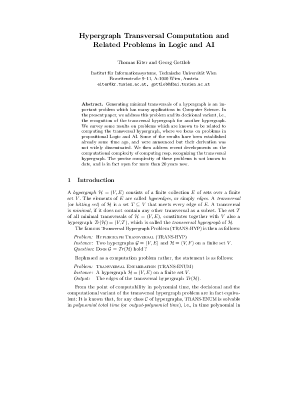 (PDF) Hypergraph Transversal Computation and Related Problems in Logic and AI