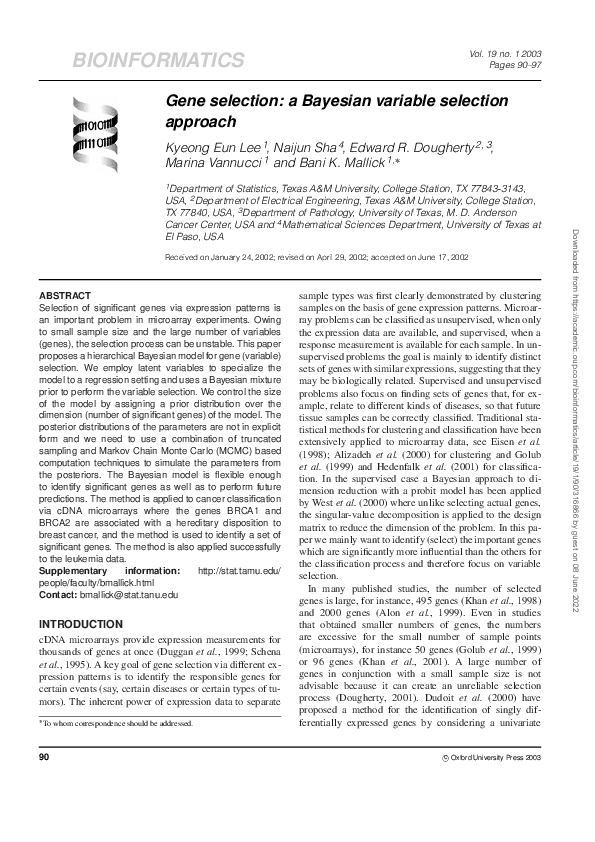 (PDF) Gene selection: a Bayesian variable selection approach