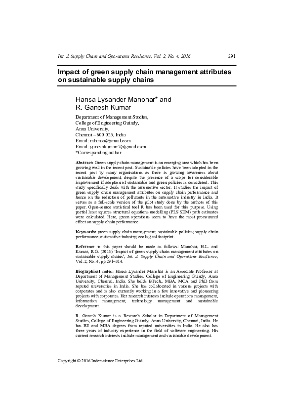 (PDF) Impact of green supply chain management attributes on sustainable ...