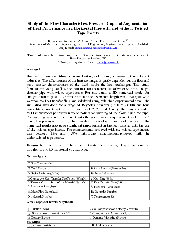 (DOC) Study of the flow characteristics, pressure drop and augmentation ...