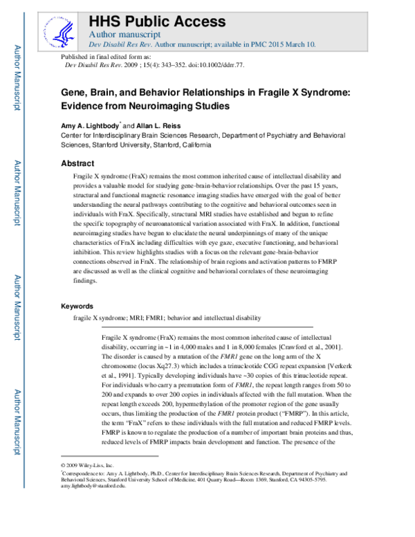 (PDF) Gene, brain, and behavior relationships in fragile X syndrome ...