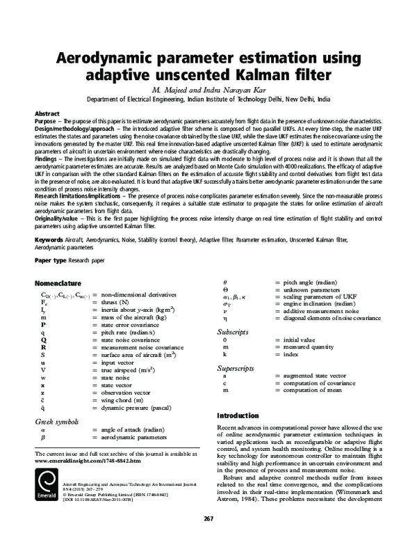 (PDF) Aerodynamic parameter estimation using adaptive unscented Kalman ...