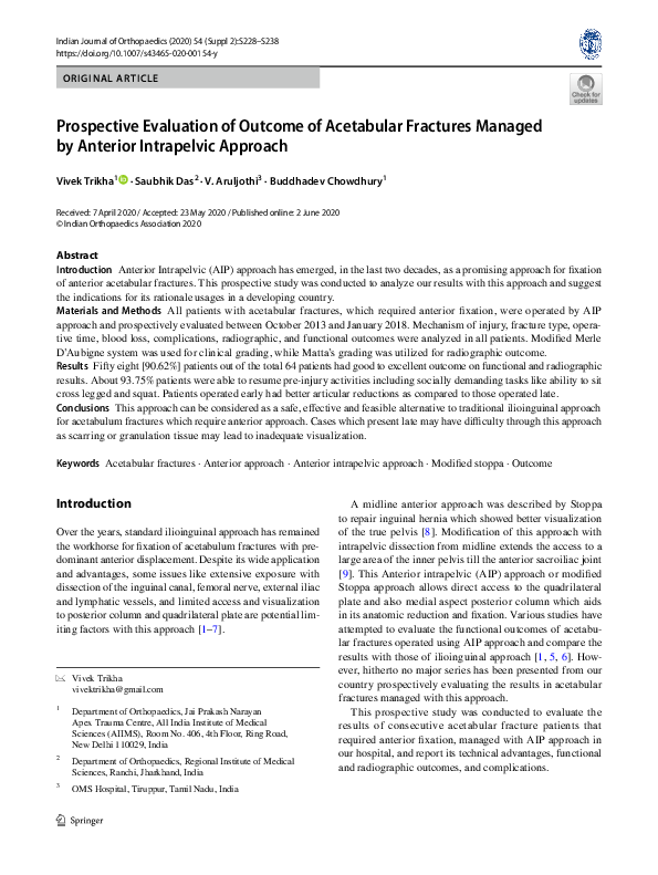 (PDF) Prospective Evaluation of Outcome of Acetabular Fractures Managed ...
