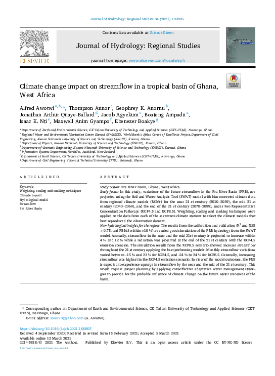 (PDF) Climate change impact on streamflow in a tropical basin of Ghana ...