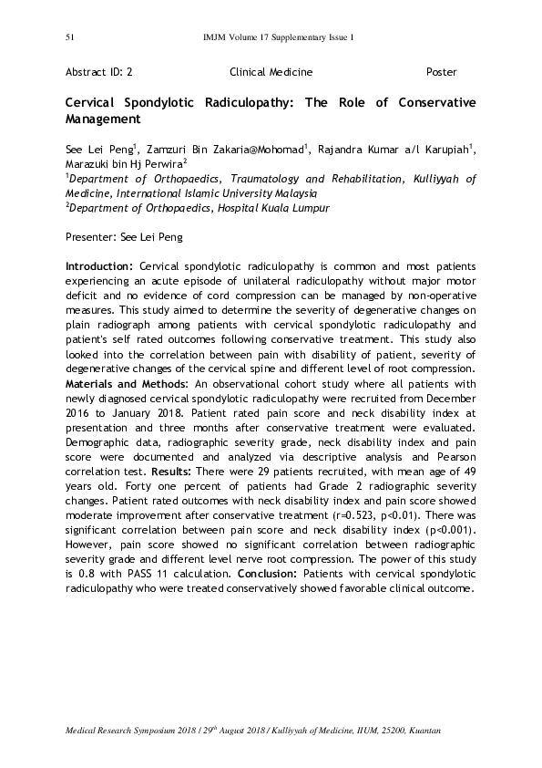 (PDF) Cervical Spondylotic Radiculopathy: The Role of Conservative ...
