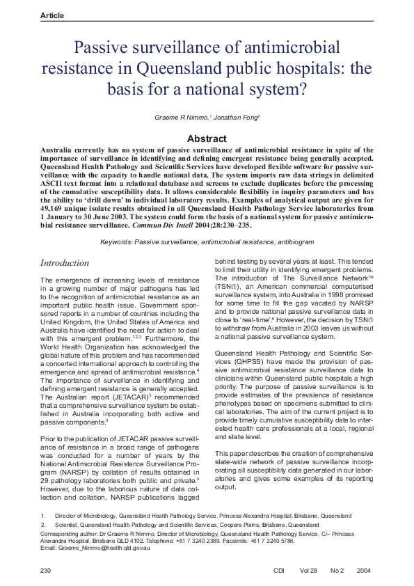 (PDF) Passive surveillance of antimicrobial resistance in Queensland