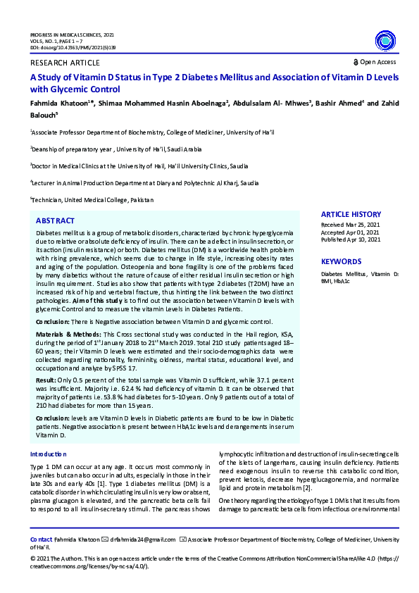 (PDF) A Study of Vitamin D Status in Type 2 Diabetes Mellitus and ...