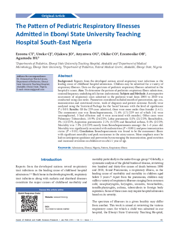 (PDF) The pattern of pediatric respiratory illnesses admitted in Ebonyi ...