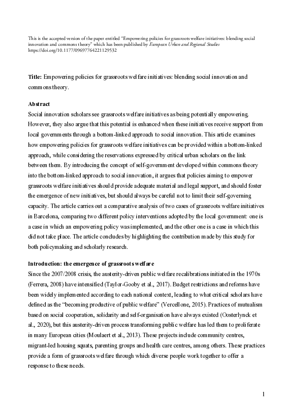 (PDF) Empowering policies for grassroots welfare initiatives: blending ...