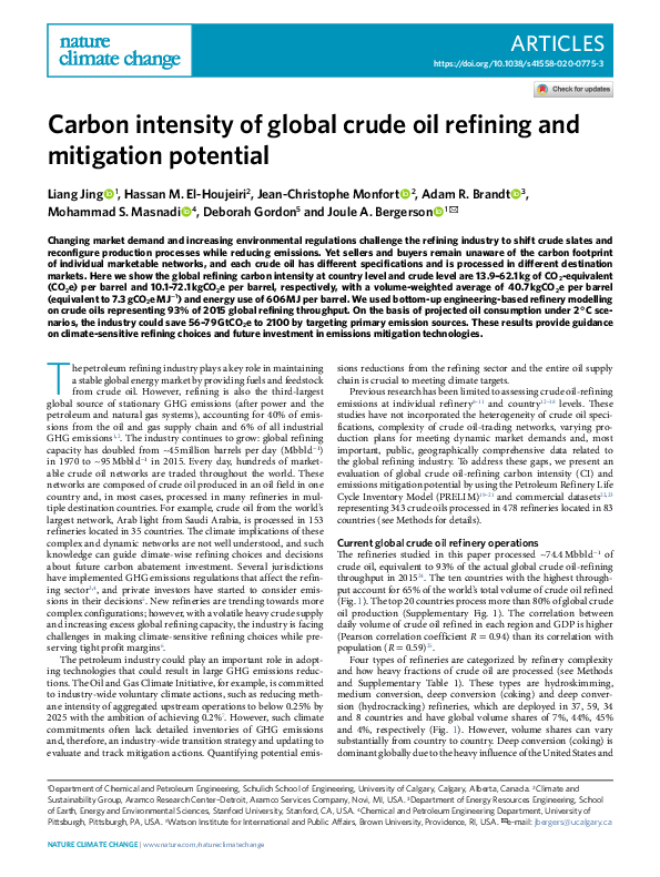 (PDF) Carbon intensity of global crude oil refining and mitigation ...