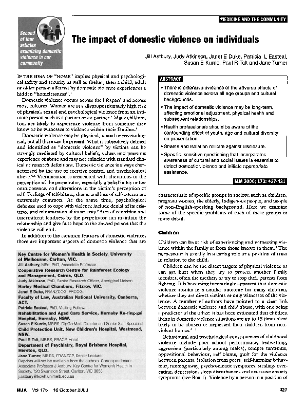 (PDF) The impact of domestic violence on individuals