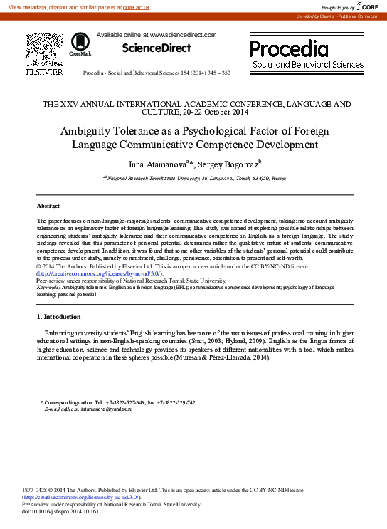 (PDF) Ambiguity Tolerance as a Psychological Factor of Foreign Language ...