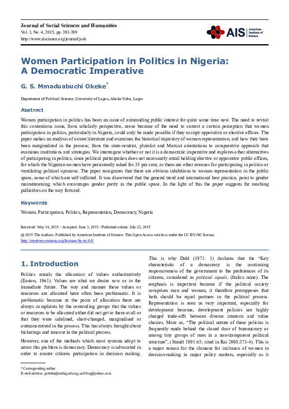 (PDF) Women Participation in Politics in Nigeria : A Democratic Imperative