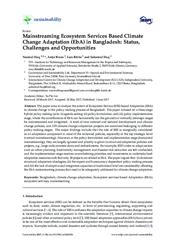 (PDF) Mainstreaming Ecosystem Services Based Climate Change Adaptation ...