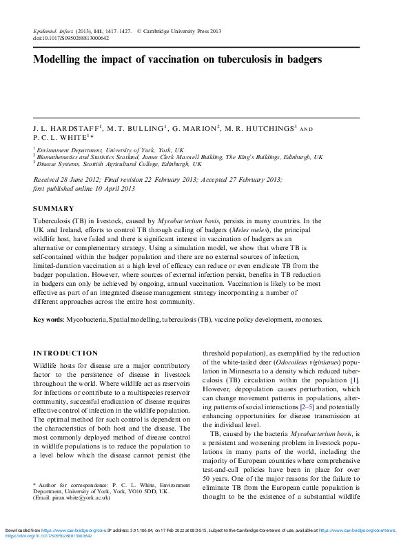 (PDF) Modelling the impact of vaccination on tuberculosis in badgers