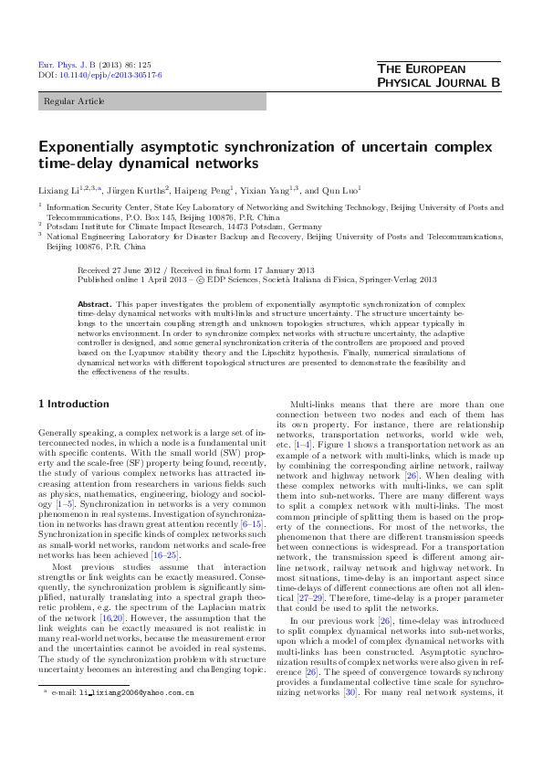 (PDF) Exponentially asymptotic synchronization of uncertain complex ...