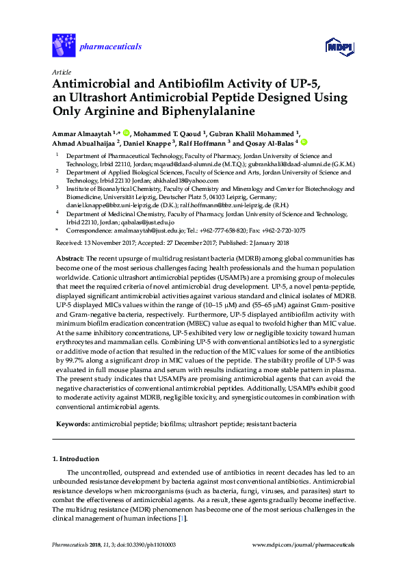 (PDF) Antimicrobial and Antibiofilm Activity of UP-5, an Ultrashort ...