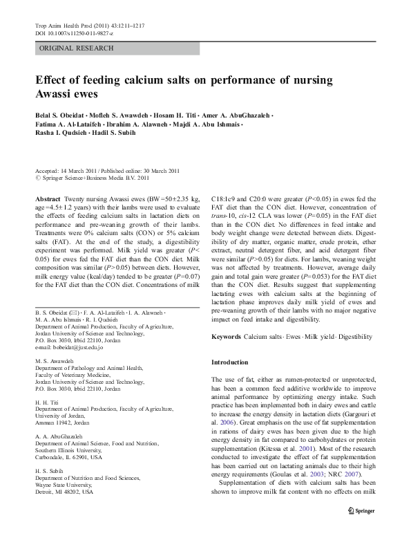 (PDF) Effect of feeding calcium salts on performance of nursing Awassi ewes