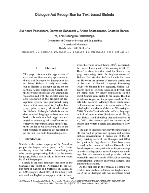 (PDF) Dialogue Act Recognition for Text-based Sinhala