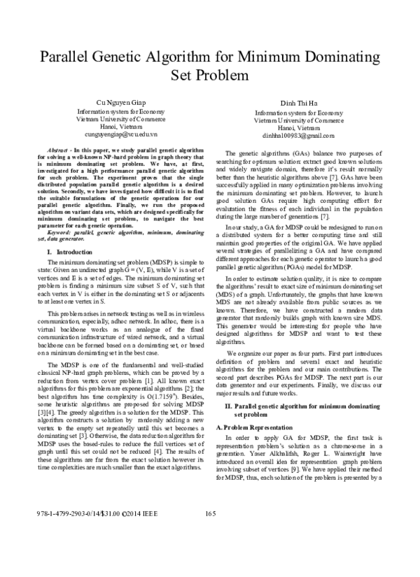 (PDF) Parallel genetic algorithm for minimum dominating set problem