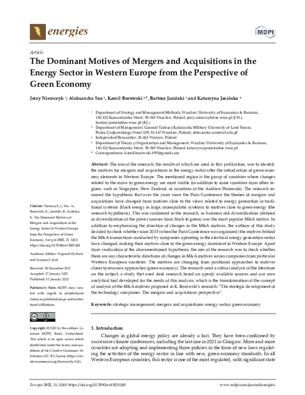 (PDF) The Dominant Motives of Mergers and Acquisitions in the Energy ...