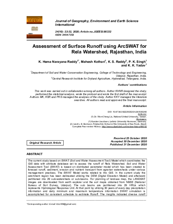 (PDF) Assessment of Surface Runoff using ArcSWAT for Rela Watershed ...