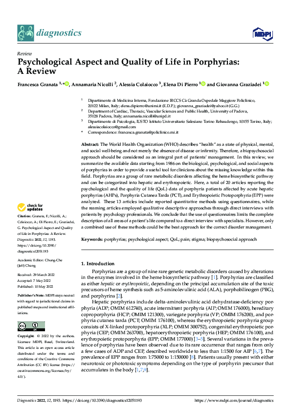 (PDF) Psychological Aspect and Quality of Life in Porphyrias: A Review