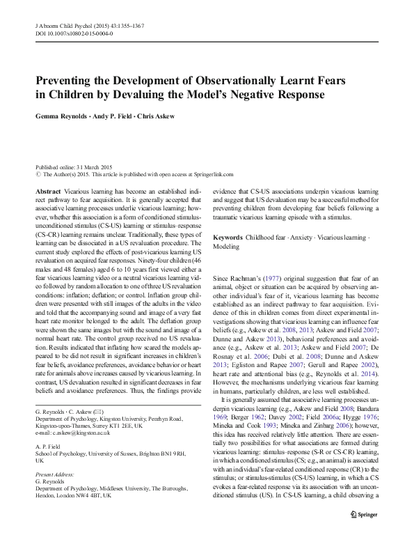 (PDF) Preventing the Development of Observationally Learnt Fears in ...