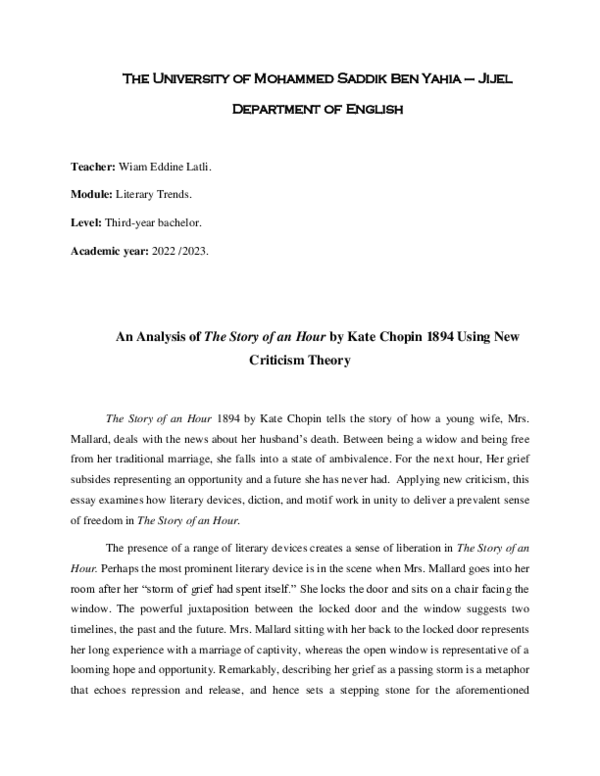 (PDF) An Analysis of The Story of an Hour by Kate Chopin 1894 Using New ...