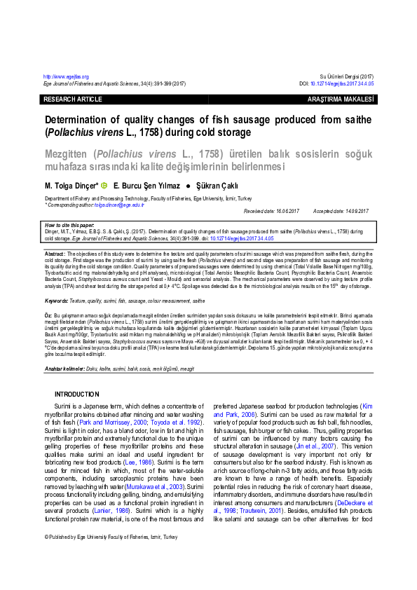 (PDF) Determination of quality changes of fish sausage produced from