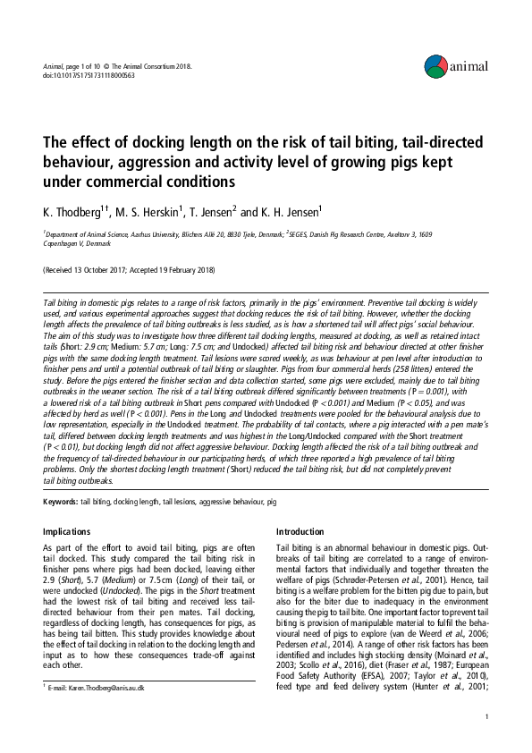 (PDF) The effect of docking length on the risk of tail biting, tail