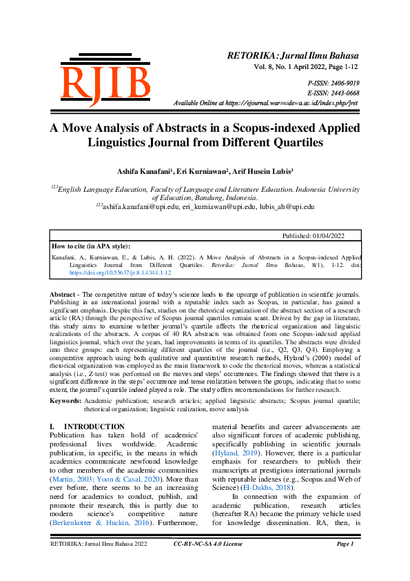 (PDF) A Move Analysis of Abstracts in a Scopus-indexed Applied ...