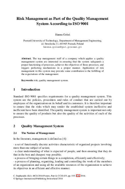 (PDF) Risk Management as Part of the Quality Management System ...