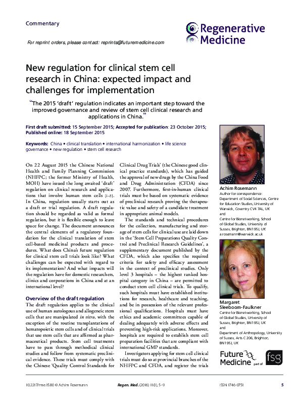 (PDF) New regulation for clinical stem cell research in China: expected ...