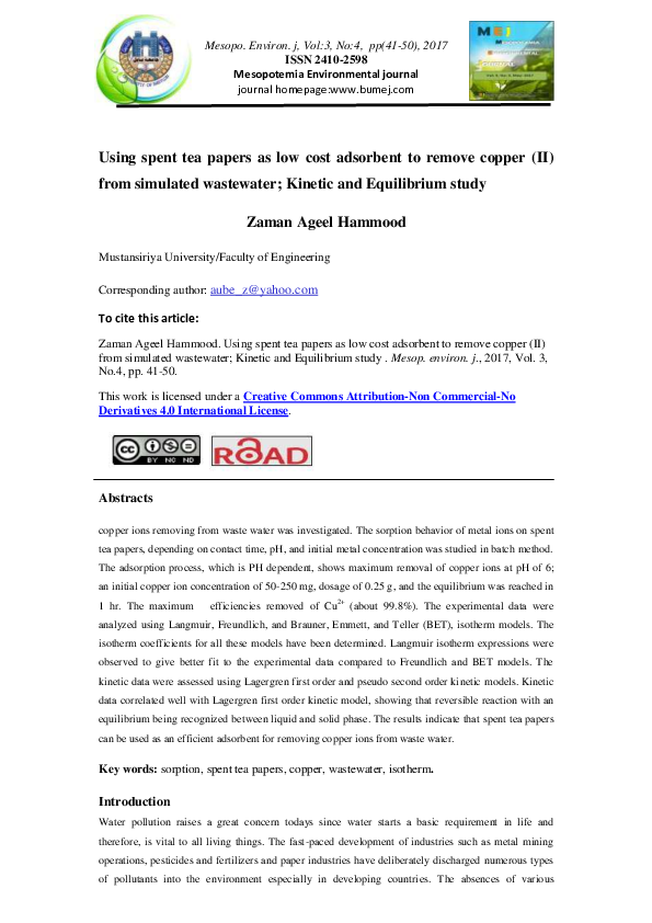 (PDF) Using spent tea papers as low cost adsorbent to remove copper (II ...