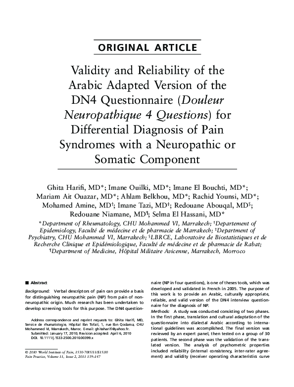 (PDF) Validity and Reliability of the Arabic Adapted Version of the DN4