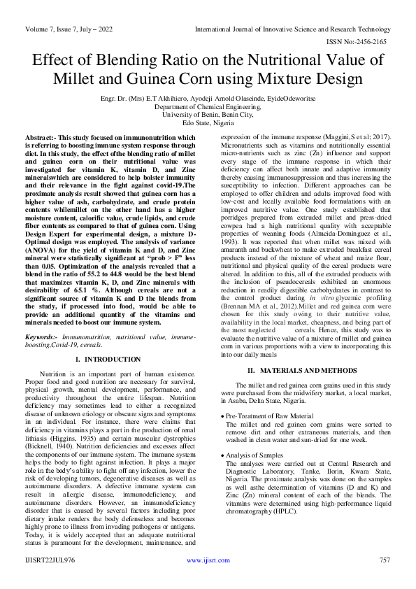 (PDF) Effect of Blending Ratio on the Nutritional Value of Millet and