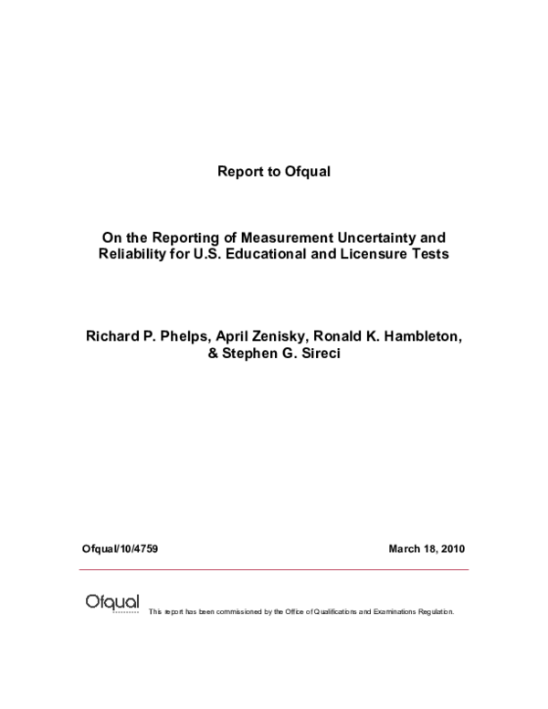 (PDF) On the Reporting of Measurement Uncertainty and Reliability for U ...