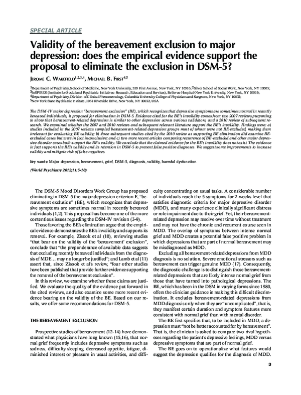 (PDF) Validity of the bereavement exclusion to major depression: does ...