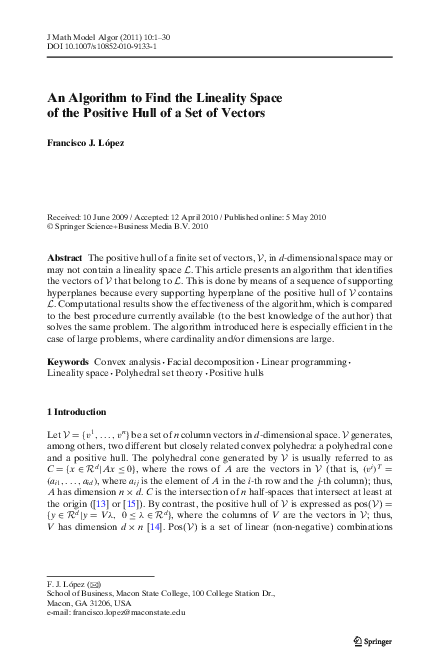 (PDF) An Algorithm to Find the Lineality Space of the Positive Hull of ...