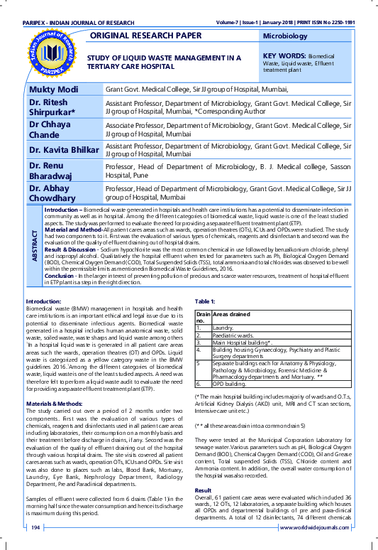 (PDF) Study of Liquid Waste Management in a Tertiary Care Hospital Renu Bharadwaj Academia.edu