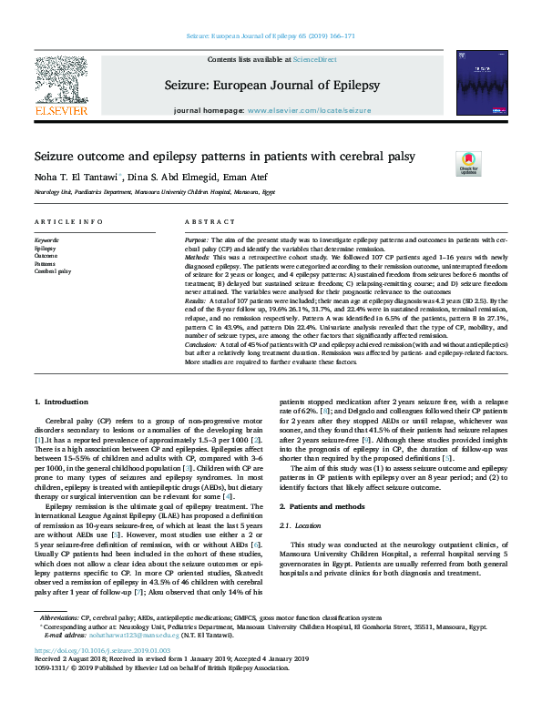 (PDF) Seizure outcome and epilepsy patterns in patients with cerebral palsy