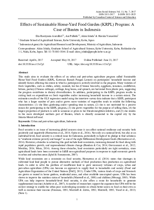 (PDF) Effects of Sustainable HomeYard Food Garden (KRPL) Program A Case of Banten in Indonesia