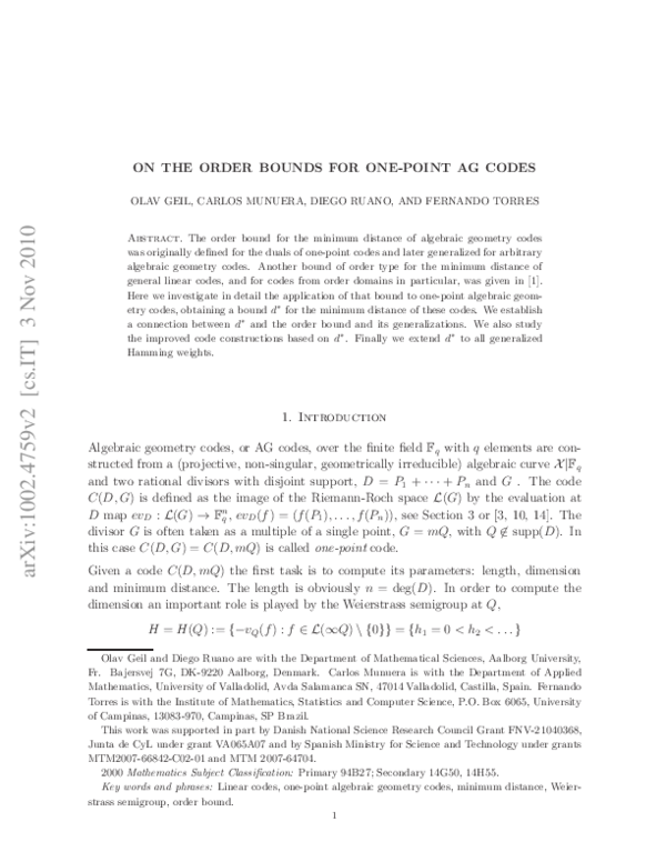 (PDF) On the order bounds for one-point AG codes